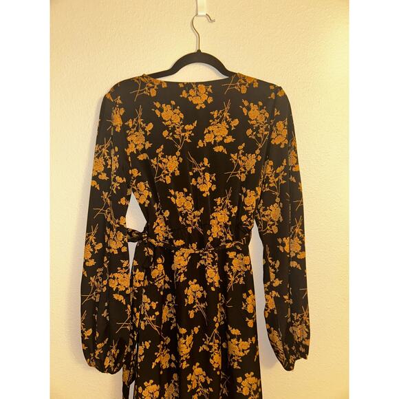 C+D+M Boho Preppy Professional Old Money Black & Gold Floral Wrap Dress - Picture 10 of 14